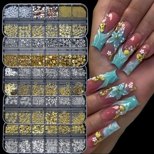 Nail rhinestone Japanese bow long box gold and silver nail art rivets half piece round bead butterfly metal nail rhinestone jewelry