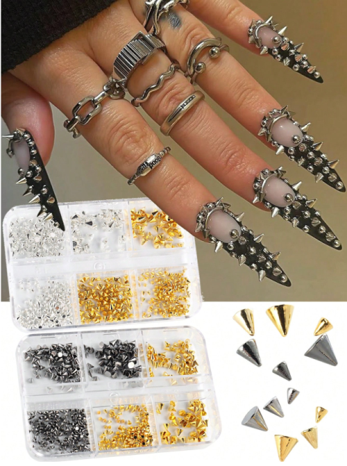 3D Mini Metal Punk Nail Art Studs Mixed Sizes Gold Black Cone Spikes Alloy Rivets Jewelry Steel Balls Jewels for Women Goth Manicure Charms Accessories DIY Crafts Decorations