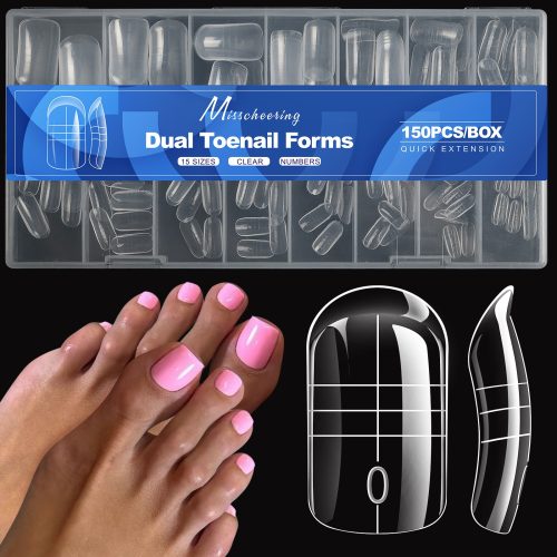 Toe Dual Forms - Wide Toe Dual Nail Forms for Polygel,SINOKAME Poly Gel Toenail Forms Molds Extension Pre-etched No File Needed,15 Sizes (000-13) with French Guidelines for Salon Home DIY,150Pcs Nail Molds for Manicure DIY at Home