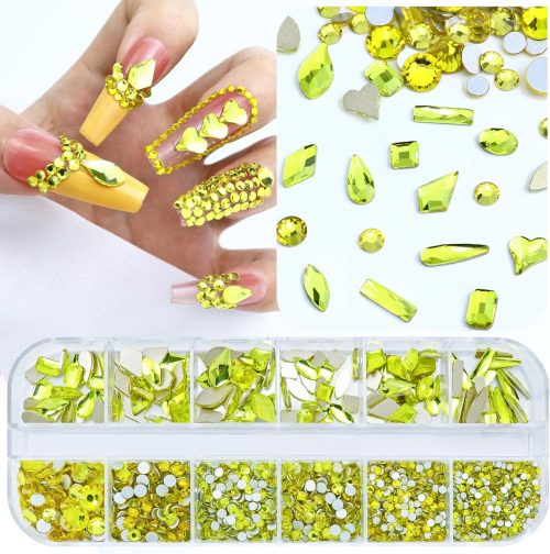 Nail Charms 3200PCS Champagne Gold Nail Art Rhinestones, Round Flatback Rhinestones for Nails, Crafts, Golden Shadow Multi Shape 3D Glass Crystal Nail Gemstone Diamond