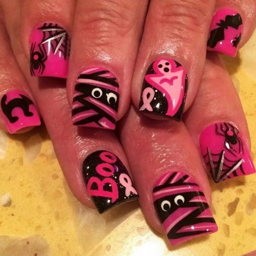24pcs Wearable nail tips Hot selling Halloween sweet cool pink spider web ghost mummy short wearable nails