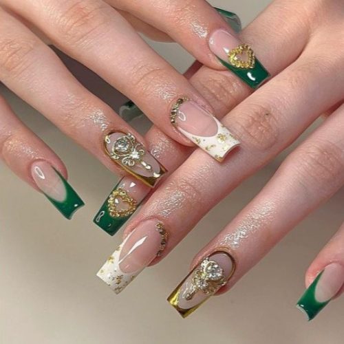 24pcs Nail stickers hot selling nail art high fashion simple green classic French diamond heart medium and long wear nails