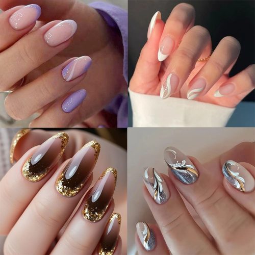 24pcs Nail art nail stripes European and American hot gold glitter medium and long almond nail wear nail patch