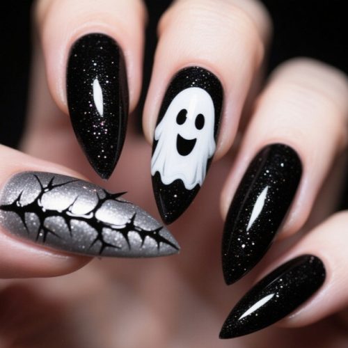 24pcs Hot selling nail art Halloween dark sweet cool hot girl white ghost long almond wearable nail tips