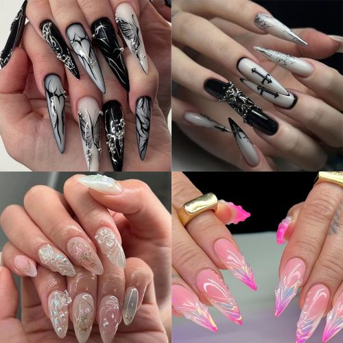 24pcs New nail art nail tips European and American Y2K hot girl style ins long almond long pointed nail wear nail patches