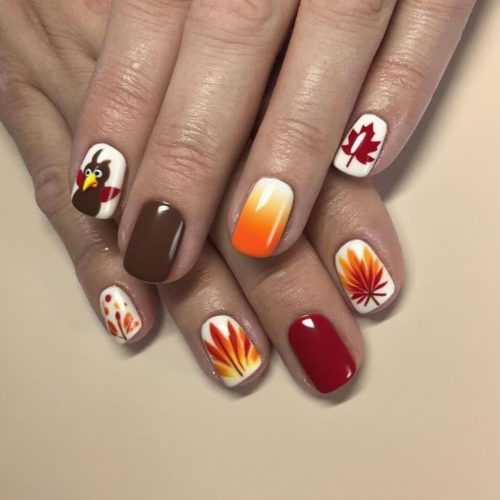 24PCS Nail Art Patches Autumn and Winter Thanksgiving Maple Leaf Turkey Design Short European Square Wearable Nail Art Patches