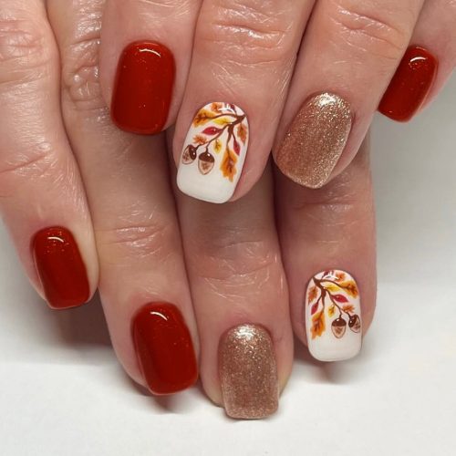 24pcs Simple and fresh nail art autumn and winter leaves pine cone glitter short square wearable nail tips