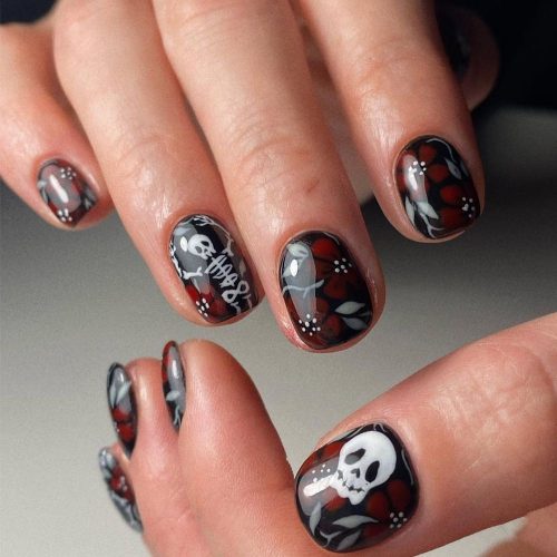24pcs Nail stickers hot selling nail art Halloween dark skull red flower short square wearable nails