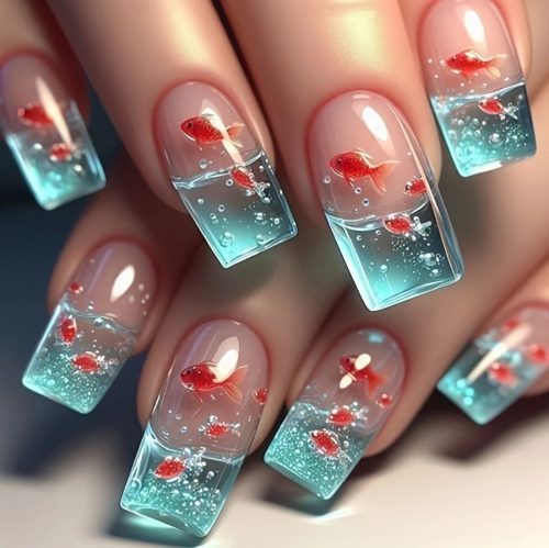 24 Cute Nail Pressing Fake Nails 3D Goldfish Pressing Nail - Square Medium Length Bright Face Fake Nails With Jelly Glue And Nail Files, Bright Purple Blue Dolphin Pattern With Bubbles And Stars, Women's Summer Nail Art, Fashionable And Durable Pressing Nail, Removable Fake Nail Stickers, Suitable For Festivals, Parties, Friends' Gatherings, Daily Wear